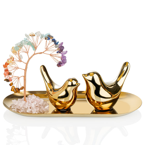 7 Chakra Healing Crystals Stones Tree Small Birds Statue