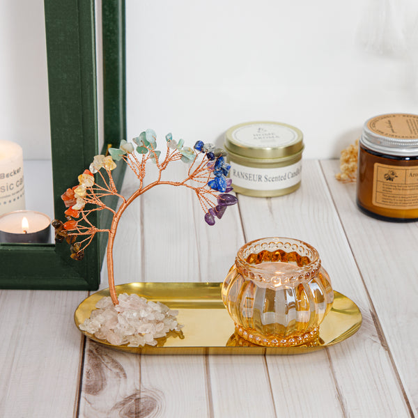 7 Chakra Healing Crystal Tree for Glass Tea Light Candle Holder Set