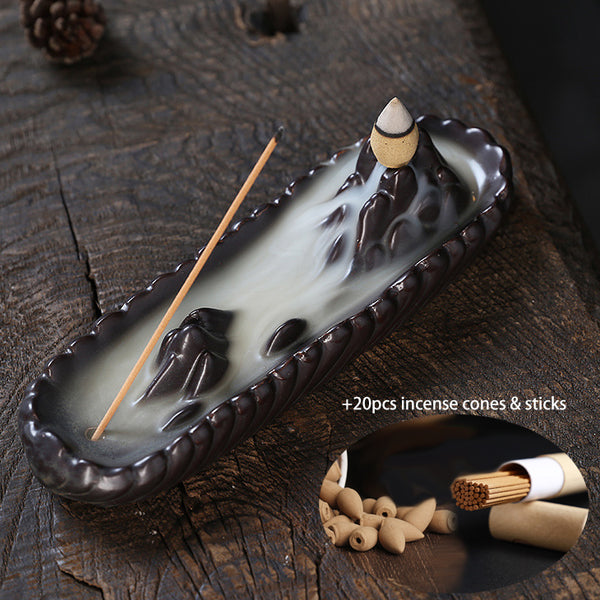 Landscape Waterfall Incense Holder with 20pcs Incense Cones & Sticks