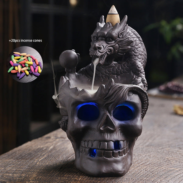 LED Skull Dragon Ceramics Incense Burner with 20pcs Incense Cones