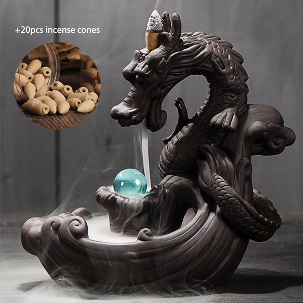 Dragon Ceramics Incense Waterfall Burner with 20pcs Backflow Incense Cones