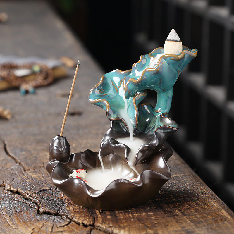 ACACUSS Ceramic Lotus Incense Burner Led Lamp Circulating Water Ornaments  Make Money Modern Rockery Fountain Fish