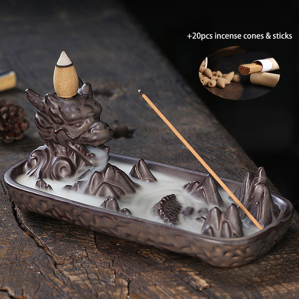 Dragon Ceramics Incense Waterfall Burner with 20pcs Incense Cones & Sticks