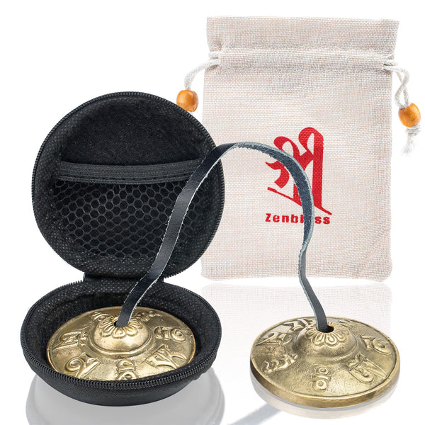 ZenBless Tibetan Tingsha Cymbals 2pcs, with Storage Box and Fabric Case, Meditation Sanskrit Brass Chime Bells for Spiritual Healing Mindfulness, Yoga Buddhist, Relaxation Musical Instruments